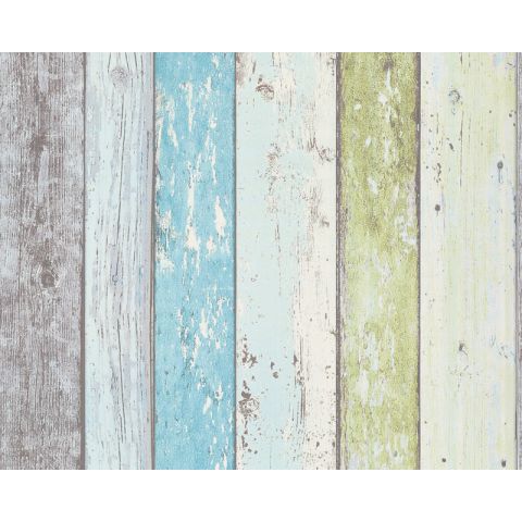 Nonwoven Wallpaper Scrap wood Blue/Green